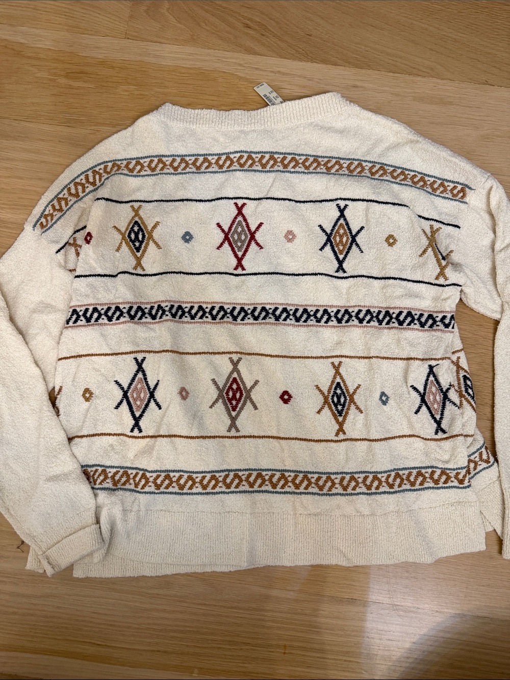Madewell Cream Knit Sweater with Multicolor Geometric Embroidery